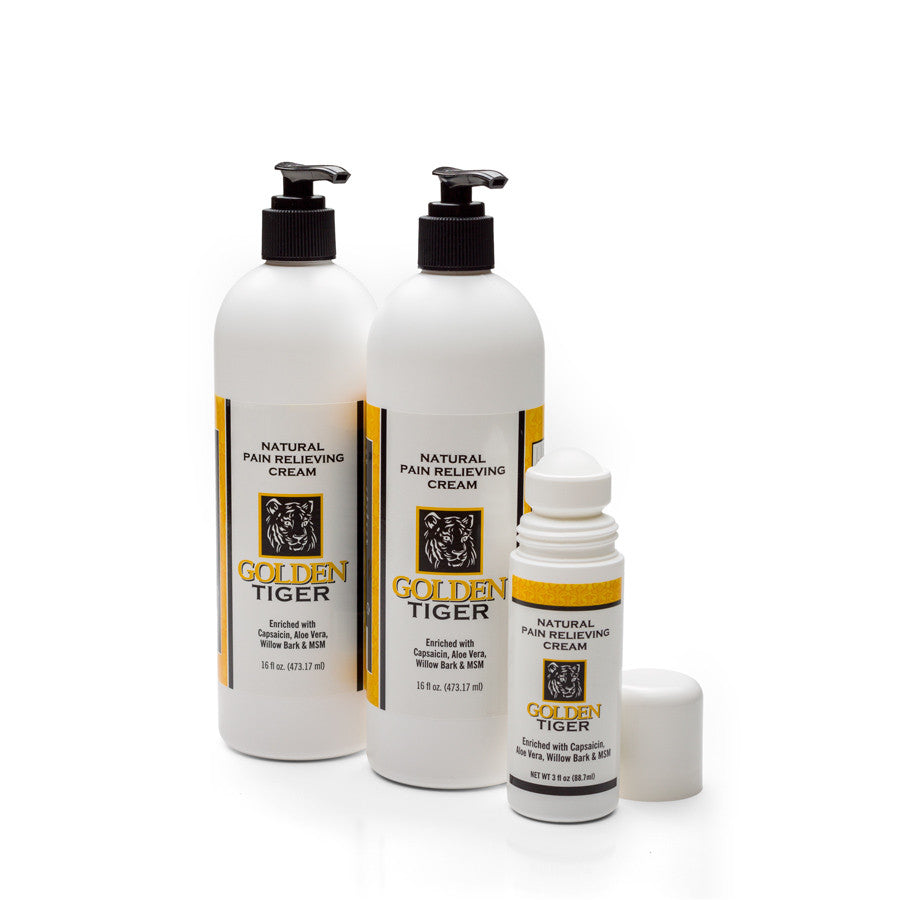 Golden Tiger Pain Relieving Cream Buy 2 - 16oz pumps and get a FREE 3oz Roll-on