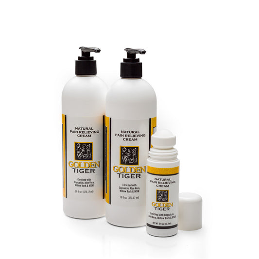 Golden Tiger Pain Relieving Cream Buy 2 - 16oz pumps and get a FREE 3oz Roll-on